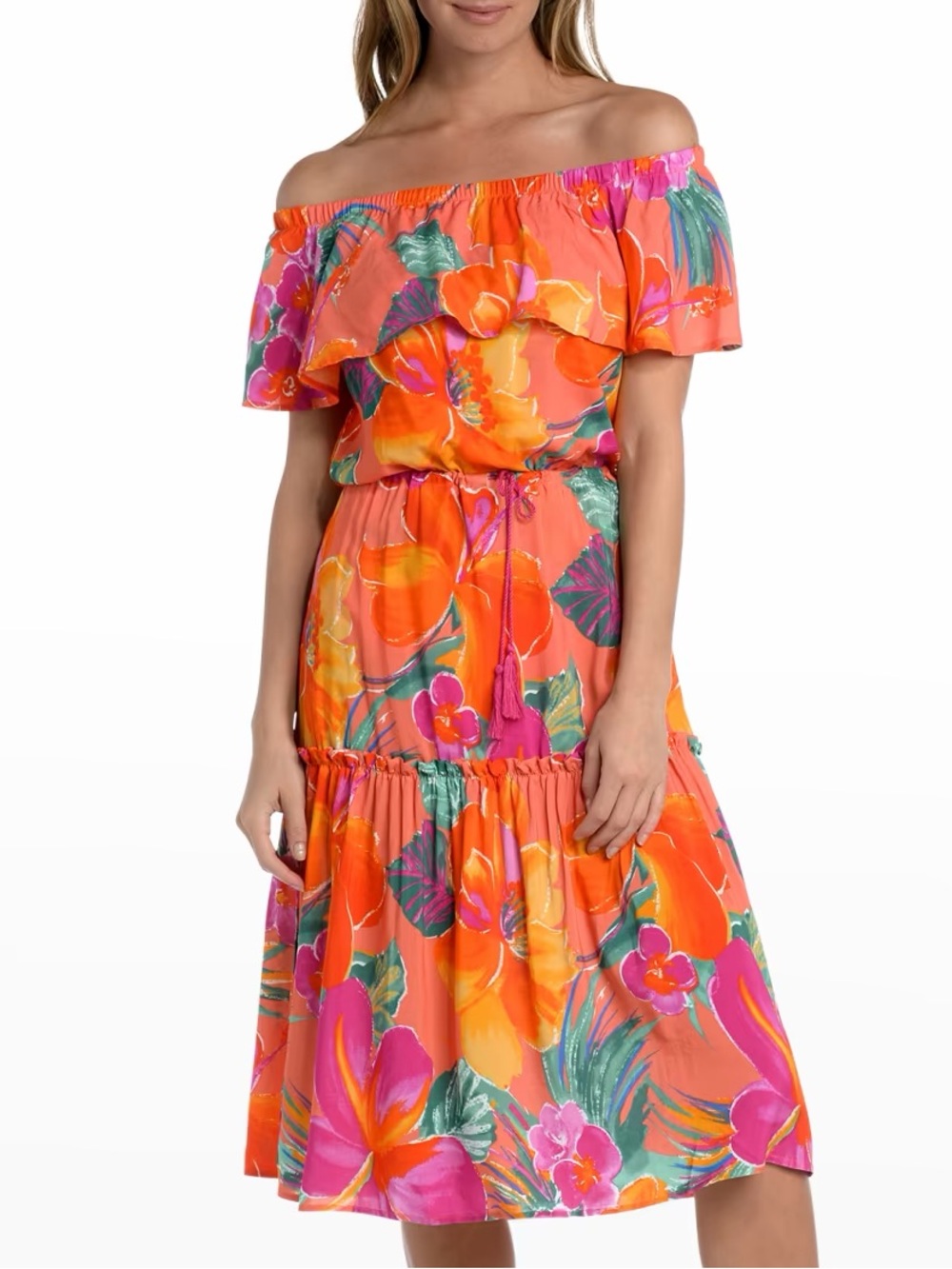 La Blanca Isla Floral Off Shoulder Tropical Maxi Dress Small